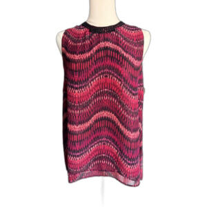Cache Y2K Burgundy Black Abstract Print Beaded Pleated Tunic Top Size Small